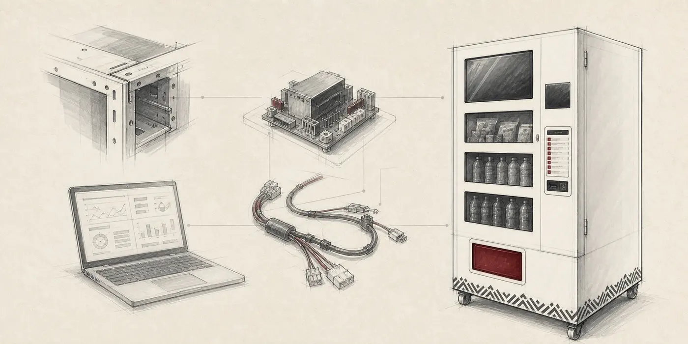 Industrial design study connecting a fabricated enclosure, control electronics, wiring, telemetry and the Drifter vending machine