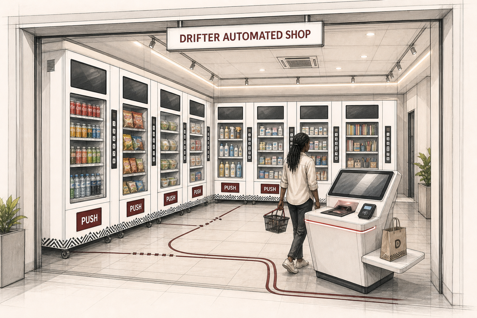 Industrial design sketch of an indoor automated Drifter shop with specialized vending machines and one shared checkout station