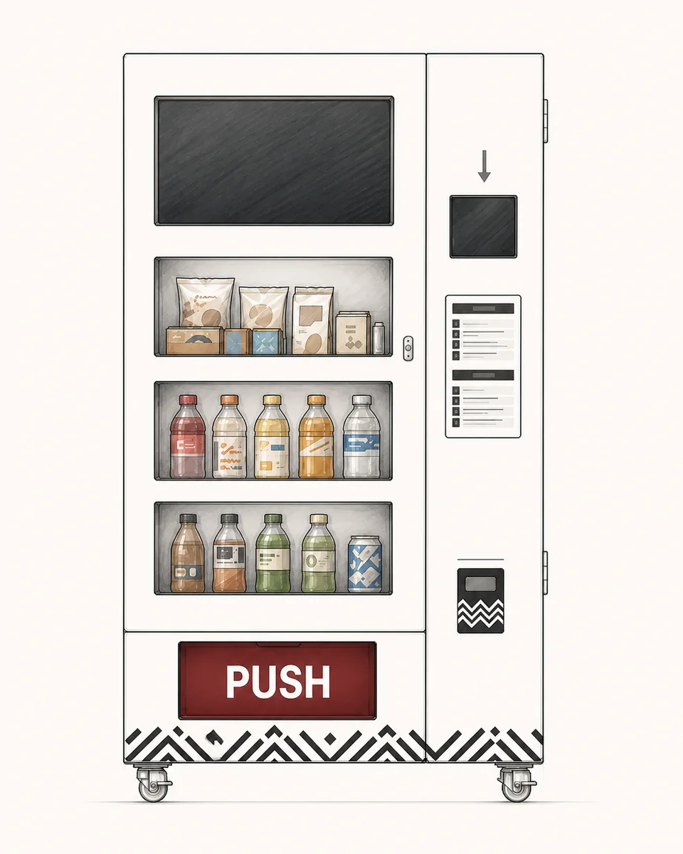 Straight-on industrial design study of the deployed Drifter vending machine